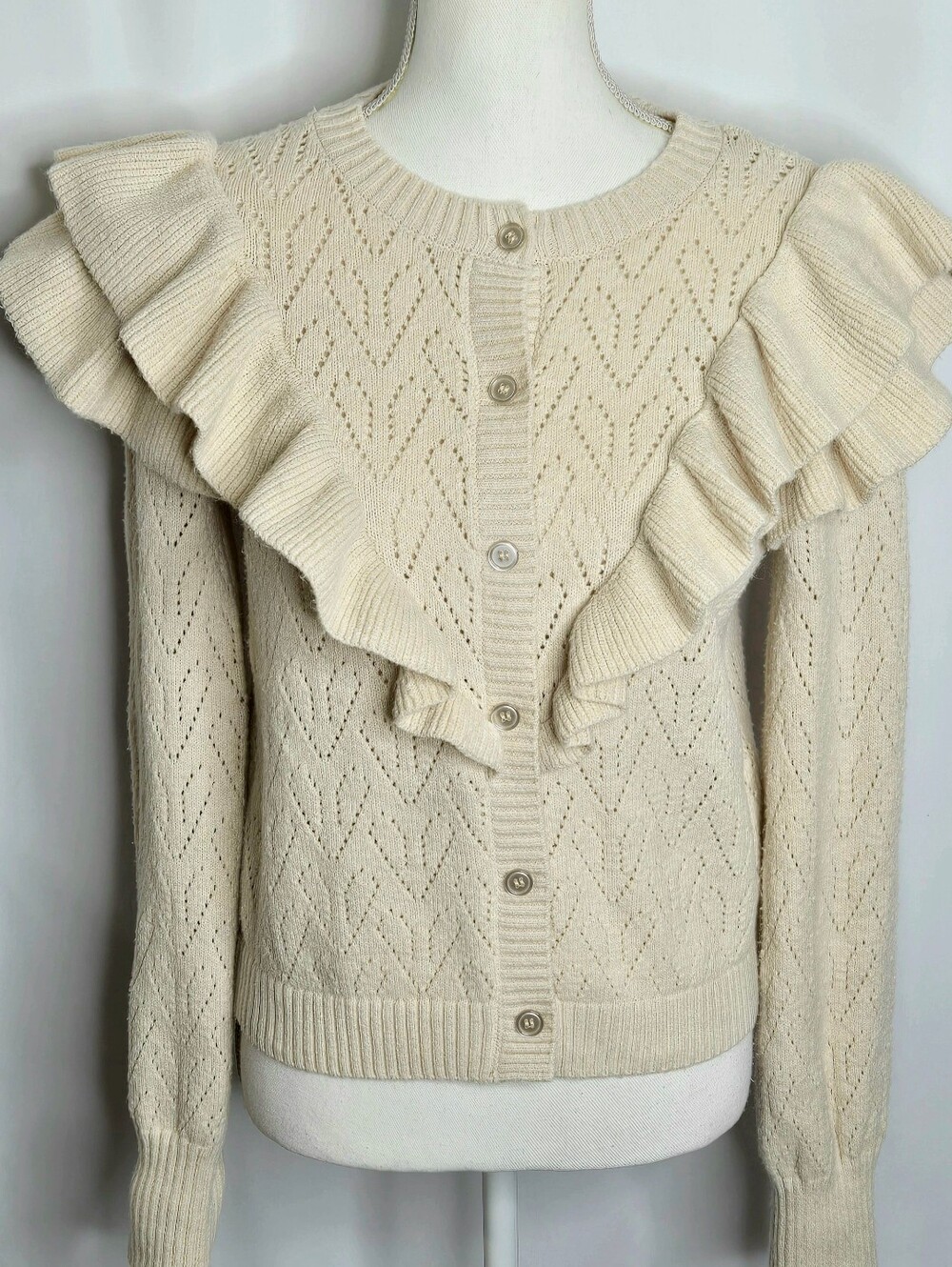 Bagatelle Victorian Ruffle Pointelle Yoke Cardigan Ivory NWOT S